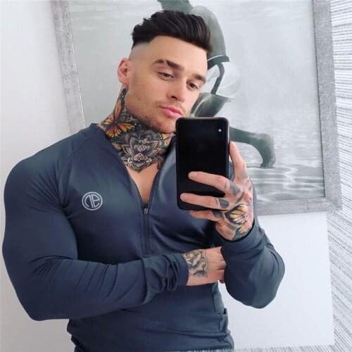 Mens gyms T-shirt fitness bodybuilding fashion sports shirt Slim cotton shirt mens Long-sleeved sports casual T-shirt