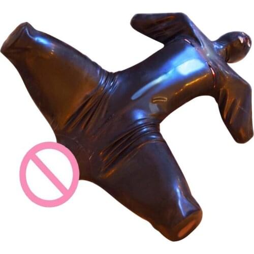 Men Sexy Costume Black Faux Leather Bodysuit Full Body Jumpsuit Prisoner Cosplay Erotic Zipper Zentai With Mouth Eyes Open M-XXL