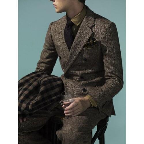 2017 Latest Coat Pant Designs Brown Tweed Men Suit Jacket Slim Fit 2 Piece Tuxedo Custom Style Suits Groom Prom Blazer Masculino