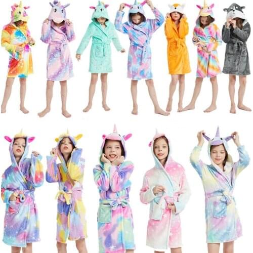 New Childrens Robe Flannel Baby Bathrobe Long Sleeve Hooded Kids Bath Robe Nightgowns Kids Unicorn Sleep Robe 4-11Y