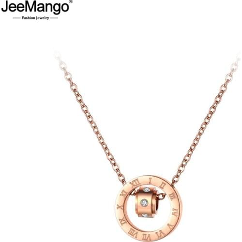 JeeMango Trendy CZ Crystal Double Circle Chokers Necklace Roman Numeral Rose Gold Stainless Steel Female Pendant Jewelry JN19025