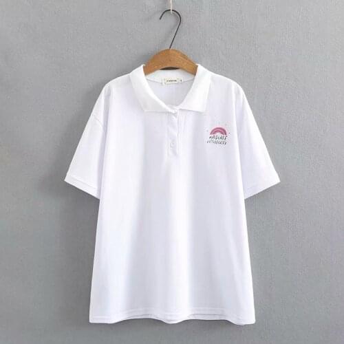 Plus size Rainbow print turn-down collar Short sleeve cotton women t shirt 2021 summer ladies white black tee shirt female top