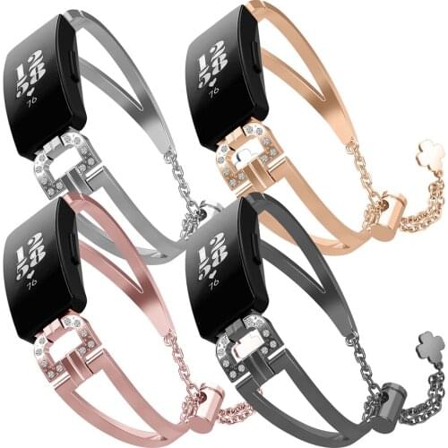 Luxury Replacement Watchband for Fitbit Inspire / Inspire HR Smart Watch Strap Belt Stainless Steel 16mm Wristband for Lady