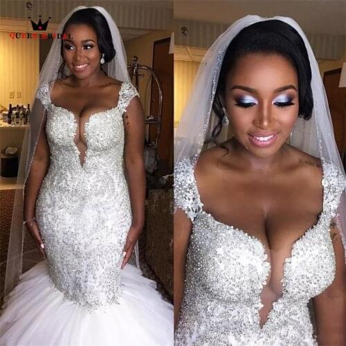 Luxury Mermaid Wedding Dresses Puffy Train 2021 New Fashion Tulle Crystal Beaded Pearls Sexy Bridal Gowns Custom Size SK39
