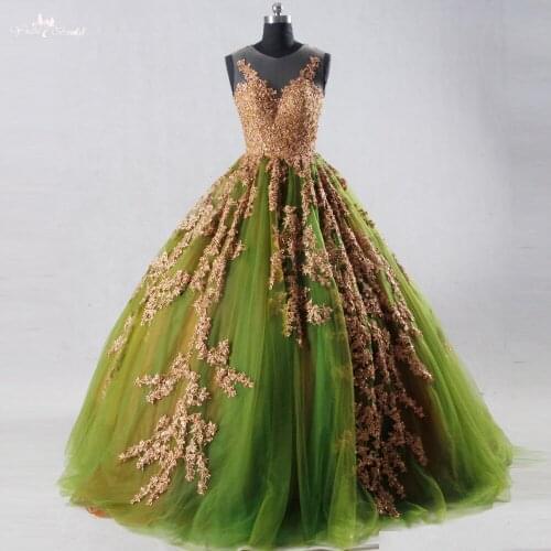 RSE763 Real Pictures Yiaibridal Sleeveless Emerald Green Lace Gold Prom Dress