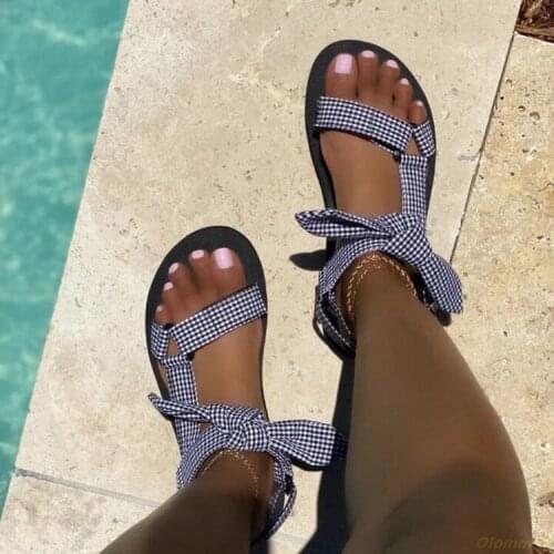 2021 Bowknot Beach Shoes Woman Cute Tie Design Hook Loop Casual Women Flat Sandals Gingham Open Toe Shoes Velcro Sandalia