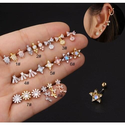 1Pc 20G Fine Barbell Stainless Steel Cartilage Earrings Tortoise Stars Flower CZ Helix Tragus Rook Conch Screw Piercing Jewelry