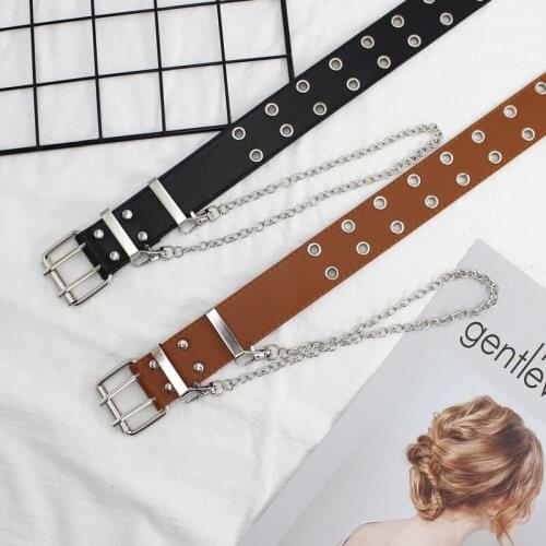 Womens hip-hop wide belt iron ring chain double exhaust eyelet belt student fashion decorative belt