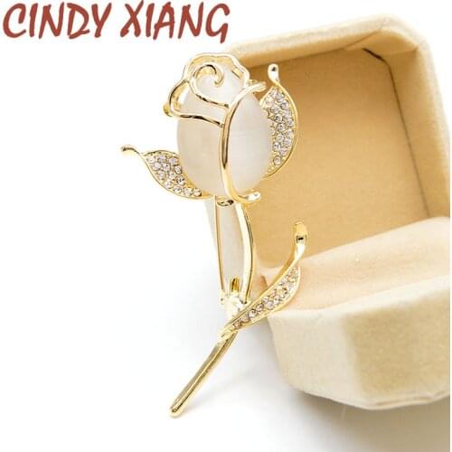 CINDY XIANG Opal Rose Flower Brooches for Women Tulip Fashion Pin Elegant Rhinestone Brooch Jewelry High Quality