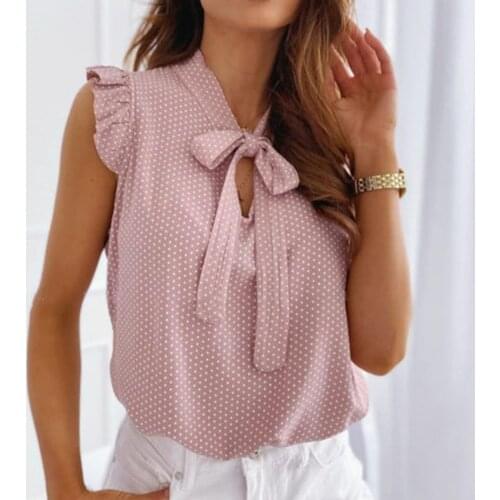 England Style Women Summer Dot Print Slim Shirts Hollow Out Design Ruffles Decor Bow Collar Sleeveless Office Lady Pullovers Top