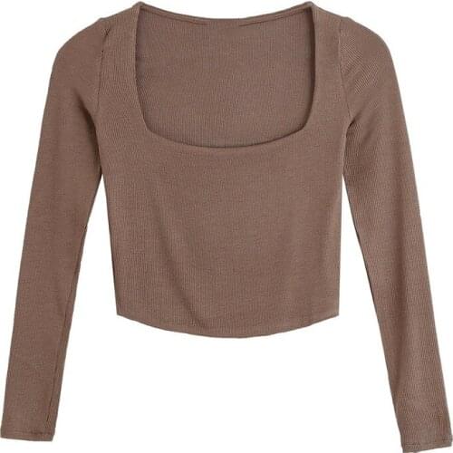 New Women Simply Square Collar Long Sleeve Chic Camis Tank Ladies Knitted Vest Slim T-shirt Casual Crop Tops SA834