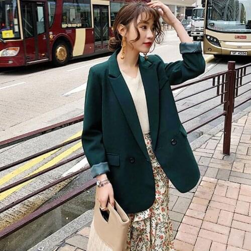 HStar Spring Women Solid Blazer Lady Korean Loose Casual Double Breasted Blazers Female Long Sleeve Elegant Jacket