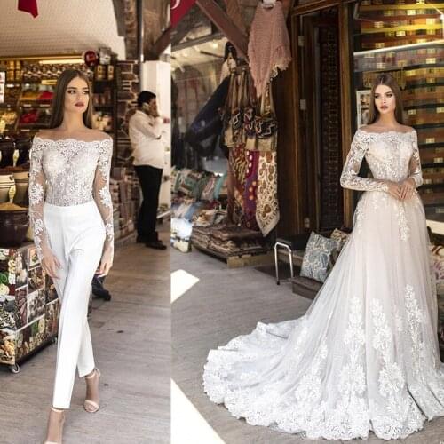 Light Champagne Bateau Jumpsuits Wedding Dresses Ekleagnt Bohemian Beach Long Sleeves Plus Size Bridal Gown With Detachable Trai