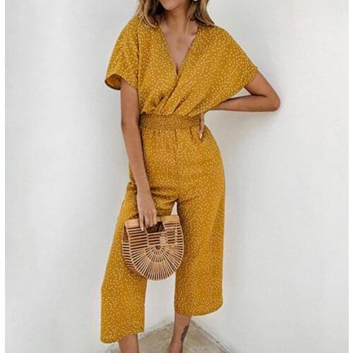 Polka Dot Print Jumpsuits Women Summer Short Sleeve Wide Leg Jumpsuit Women Sexy V-Neck Waist Tight Rompers Combinaison femme