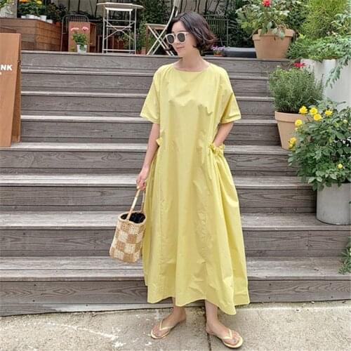 Johnature Summer New Korean Women Solid Color Loose Dresses 2021 Casual O-neck Short Sleeve Big Pockets Female Dress