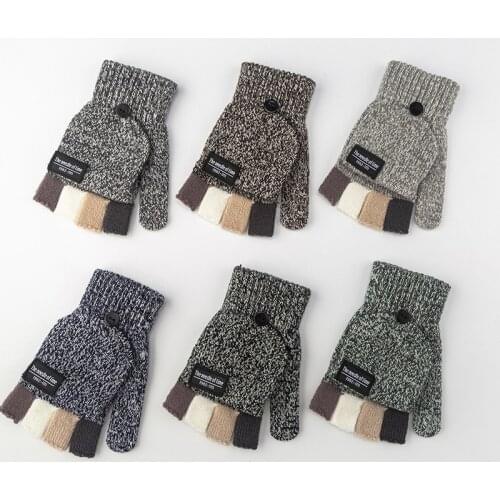 1 Pair Winter Men Gloves New Flip Wool Knitted Gloves Thicken Patchwork Flip Fingerless Exposed Finger Gloves Half Finger Gloves