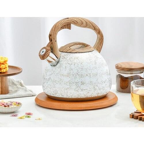 2.8L Stainless Steel Whistling Tea Kettle Line Design Wooden Handle Gas Stove Induction Cooker Teapot Kitchen Water Kettle White
