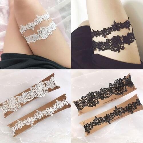 2Pcs/Set Women Wedding Bridal Leg Garters Solid Color Black/White Lace Flower Hollow Out Embroidered Stretchy Thigh Rings Rubber