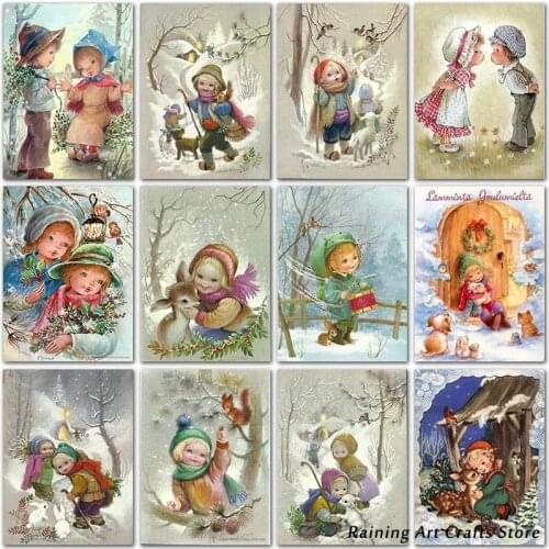 5D Diy Diamond Painting Christmas Cartoon Girl Snowman Full Square Round Drill Embroidery Cross Stitch Mosaic Picture Home Decor