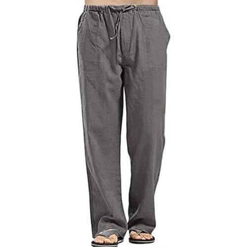 Autumn Men Straight Trouser Loose Pocket with Drawstring Summer Solid Color Linen Multi Pocket Pants Streetwear