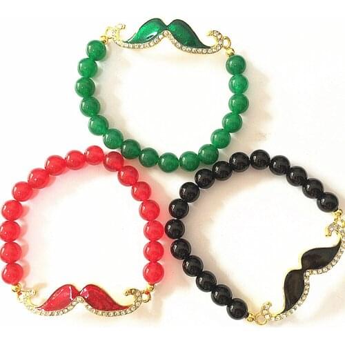 Black Red Green Round Natural Stone Chalcedony Jades Bracelet Gold-color Beard Accessories Fashion Gift Jewelry 7.5inch B1414