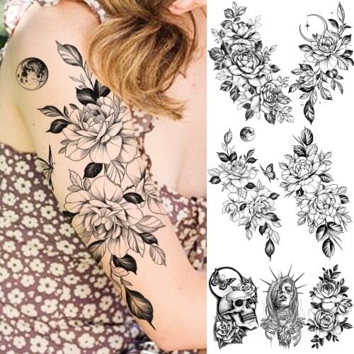 Black Peony Temporary Tattoos For Women Adults Realistic Moon Skull Face Floral Fake Tattoo Sticker Arm Body Tatoos Lily