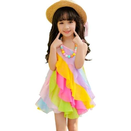 Kids summer girls dress princess dress baby sling beach dress rainbow 3-10 years baby girl clothes