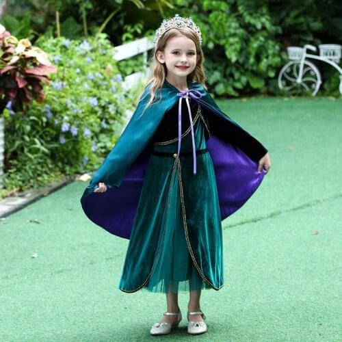Elegant Anna Dress For Girls Long Sleeve Velvet Kids Halloween Party Costumes Princess Fancy Cosplay Clothes 2-8T