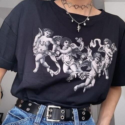Ulzzang Tumblr Vogue cute Angel Print Women t-shirt Michelangelo Summer Loose Kawaii Cartoon O-neck Casual Clothing Chic Top Tee