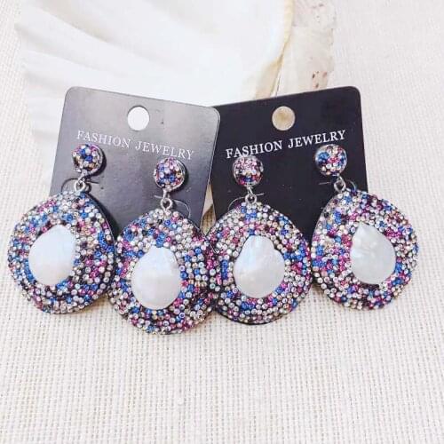 Colorful Crystal Freshwater Pearl Round Dangle Earring Bohemia Style 3pairs For Holiday