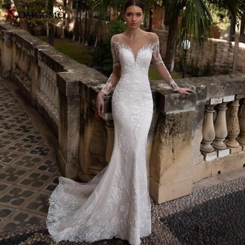 Luxury Embroidery Appliques Tulle Detachable Train Lace Bridal Gown Elegant O-Neck Full Sleeve 2 in 1 Mermaid Wedding Dress