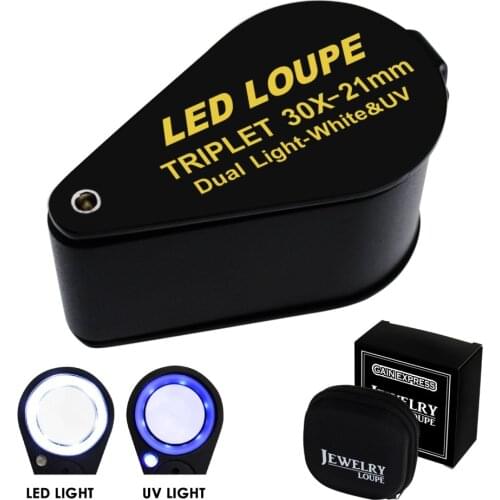 30x Magnification Jewelry Gem Loupe with UV & 6 LED Light Achromatic Aplanatic Triplet 21mm Optical Glass Foldaway Black Frame