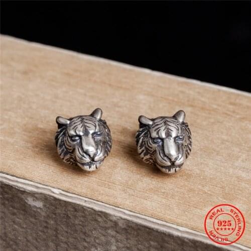 MKENDN 925 Sterling Silver Creative Retro Tiger Head Stud Earring Trendy Animal Punk Style Ear Pin for Men Women Fine Jewelry