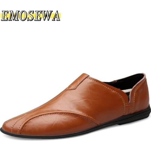EMOSEWA Men Fashion Genuine Leather Casual Loafers Soft Breathable Flats Lazy Shoes Mens Lightweigh Moccasins Driving Shoes