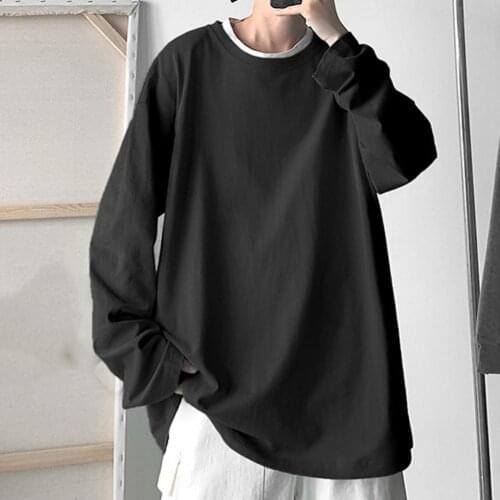 Men Autumn Top 2021 T-shirt Solid Color All Match O Neck Long Sleeve Men T-shirt for Daily Wear