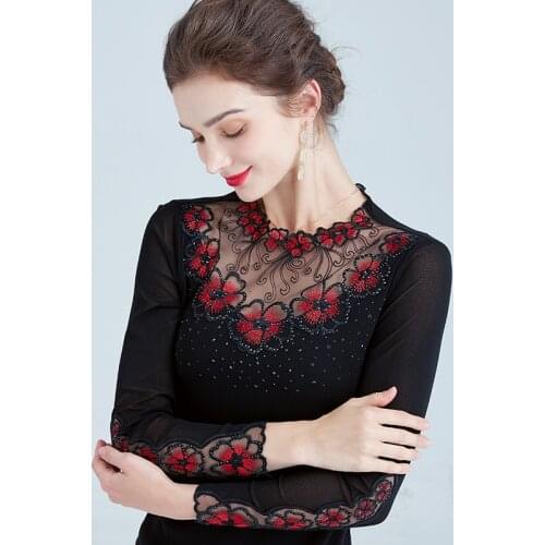 2021 New Autumn Korean Womens T-Shirt Fashion Embroidered Long-sleeved Gauze Tops Plus Size 4XL Diamond Bottoming Shirt