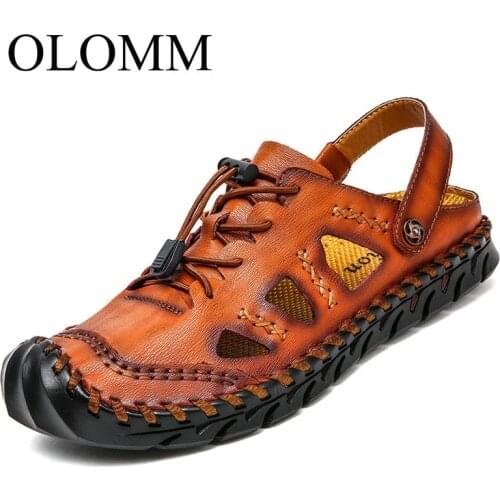 OLOMM High Quality Men Sandals Summer Outdoor Sneakers Leather Sandals Beach Holiday Casual Shoes For Mens Shoes Man TT-135