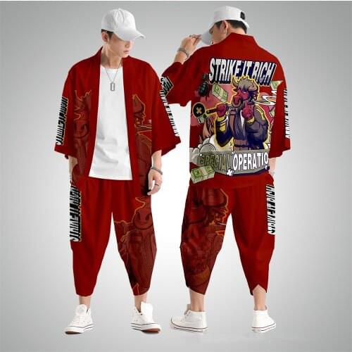 Couple Women Men Traditional Harajuku Streetwear Samurai Cardigan Costume Yukata Vintage Japanese Style Kimono Haori Pants Set