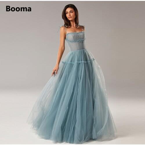 Booma Dusty Blue Tulle Maxi Prom Dresses Bow Straps Floor-Length A-Line Wedding Party Dresses Open Back Formal Evening Gowns