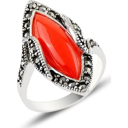 Silver 925 Sterling Coral & Marcasite Ring