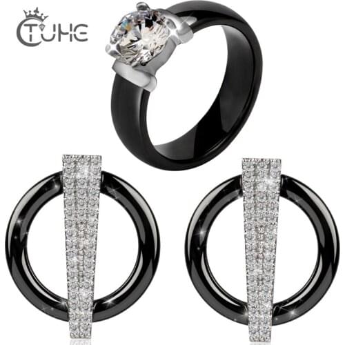 AAA CZ Crystal Earring Ring Set Jewelry Rhinestone New Simple Healthy Ceramic Party Dress Jewelry Sets For Women Christmas Gift