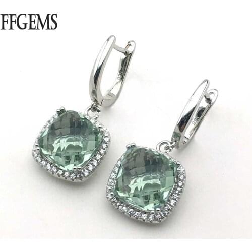 FFGems Natural Green Crystal square big stone hang Sterling 925 Silver Drop Earring For Women Party Wedding Gift box wholesale