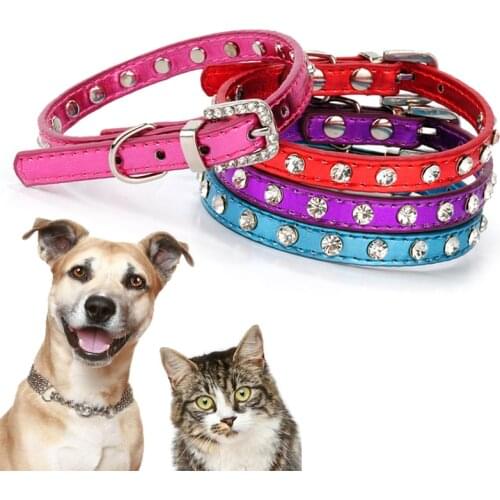 Rhinestone Puppy Dog Collars Adjustable PU Leather for Small Medium Large Dogs Choker Cat Necklace Collars Pet Accessories