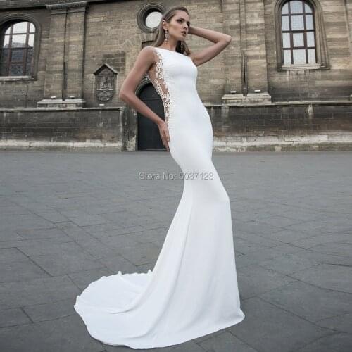 Simple Satin Mermaid Wedding Dresses Sleeveless Scoop Lace Appliques Bridal Wedding Gown Court Train Open Back Vestido De Noiva