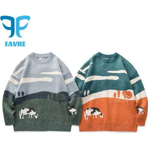 FAVRE Couple Sweaters Pullovers Men Cow Prairie Jacquard Knitted Sweater Autumn And Winter Korean Loose Round Neck Jumpers