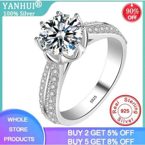 YANHUI Genuine 925 Sterling Silver Dazzling 2.0ct White Zirconia Diamond Rings Wonderful For Women Girls Ladys Gift R299