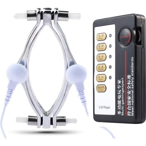 Female Pussy Labia Electric Shock Pussy Metal Clamps Vagina Hollow Peek Adult Game SM Bondage Clitoris Torture Women Sex Toys