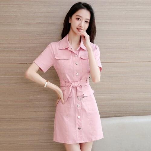 New Summer Style Women Dresses Casual Pockets Turn-Down Collar Solid Single Button Sashes Slim Jeans For Females Denim One-Piece