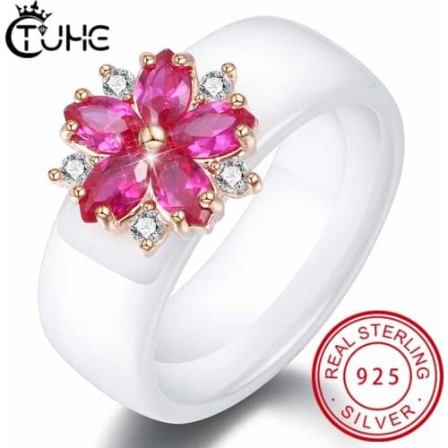 Shiny Big Red Stone Women Ring Red Crystal Flower Statement Rings For Women Healthy Ceramic Rings Jewelry Gift For Gifts