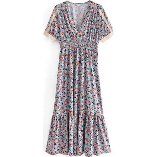 Summer Vintage Floral Printed Midi Dress Women V Neck Short Sleeve Dress Female Elegant A Line Sundress Vestidos